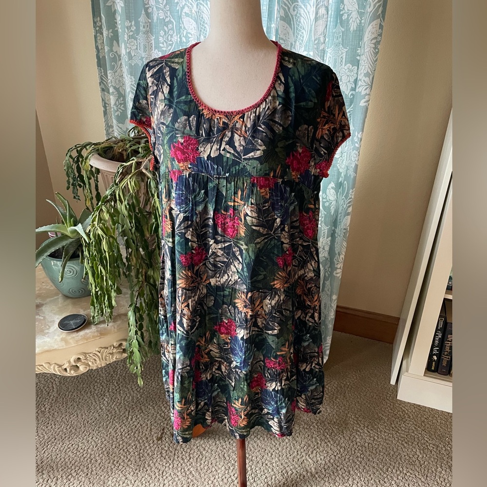 Johnny Was leaf pattern boho tiered short sleeve dress